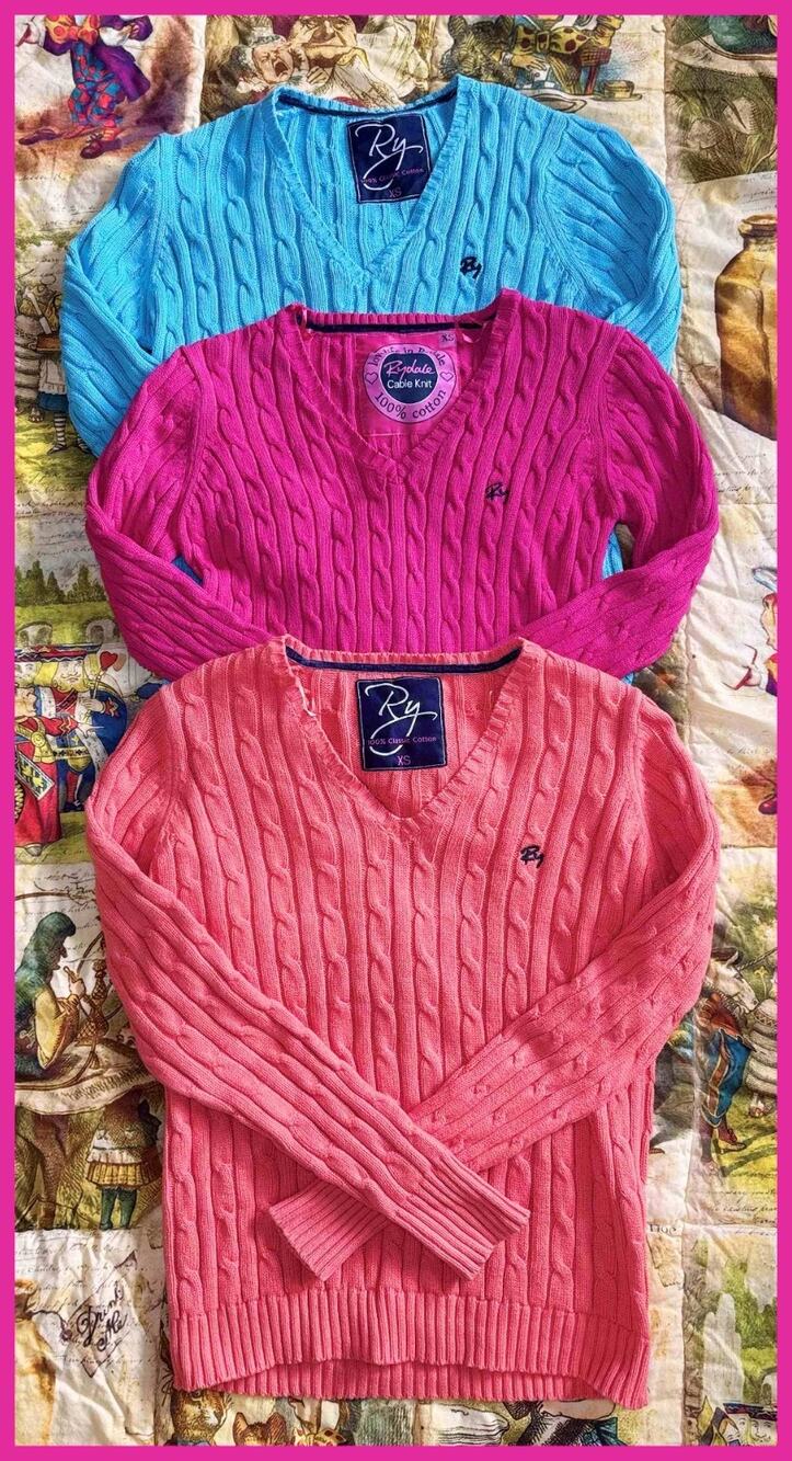 Lot of 3 Rydale Womens Cable Knit Sweaters Jumpers XS Pink Blue Orange V-neck